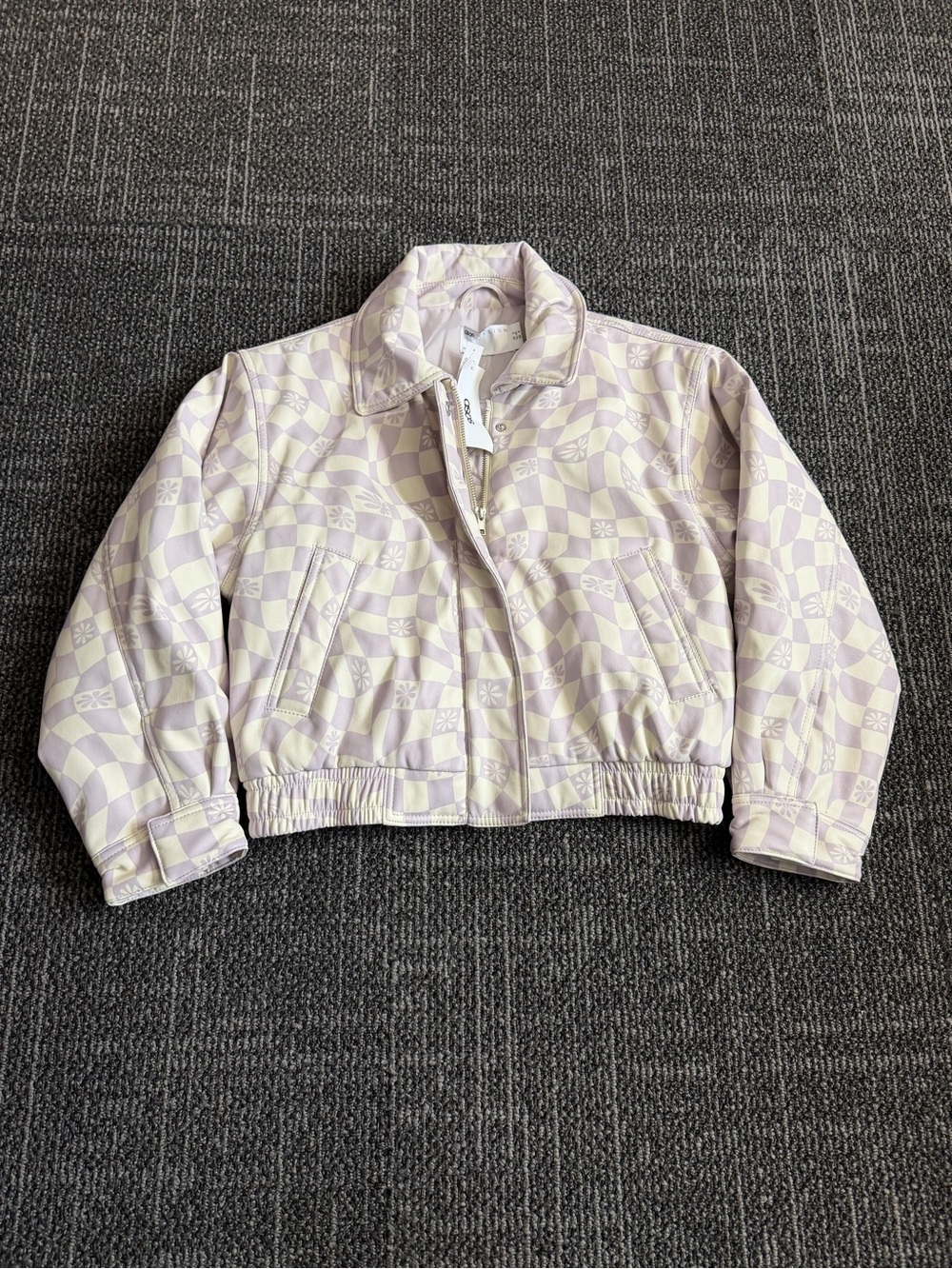 asos Pastel Lavender And Ecru Checkerboard Denim Bomber Jacket Size 2 NWT